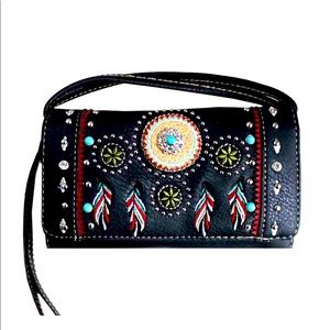 Multi Functional Dream Catcher Western Concho Trifold Clutch Crossbody Wallet